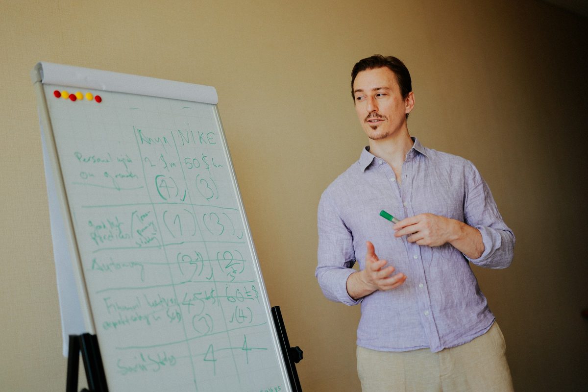 Facilitator presenting at a whiteboard